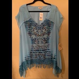 Flowy Blouse with Tasseled edge. 1X